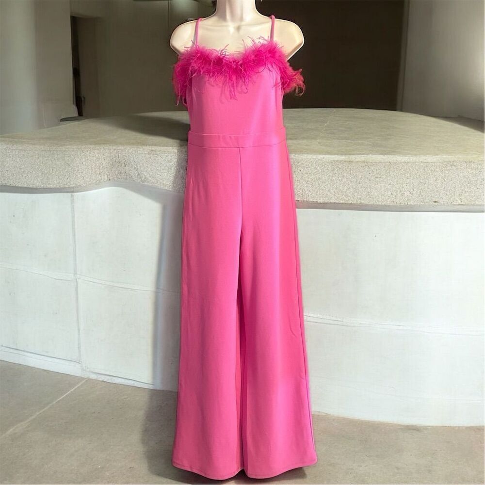 Hot Pink Wide Leg Jumpsuit with Feather Trim